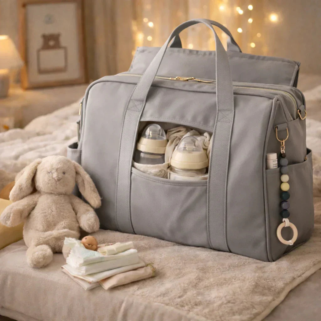 Sac à langer gris sur un lit 