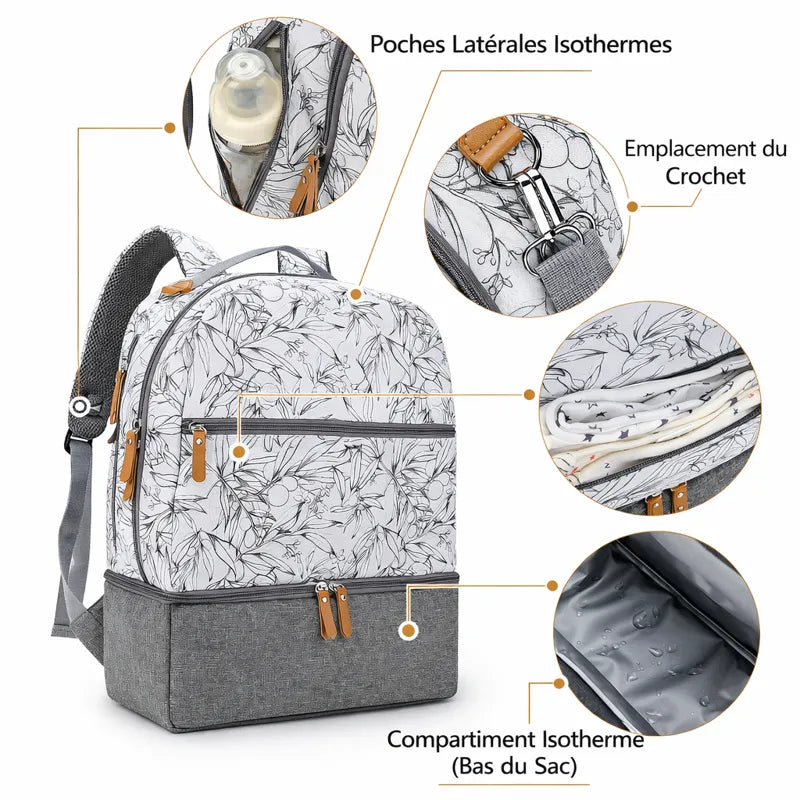 Détails du petit sac à dos à langer fleurs