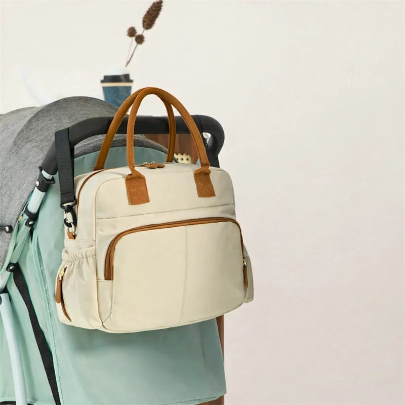 Sac à Langer Grande Capacité Pour Poussette - Motif Gris Len En Cuir Noir Avec Clips Gratuits