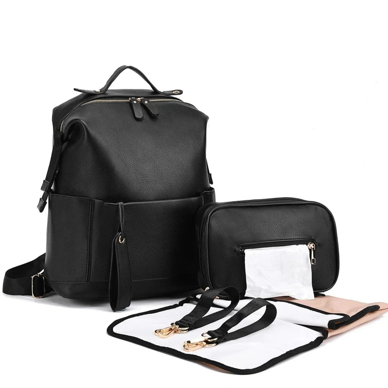 Sac à langer cuir noir avec tapis à langer