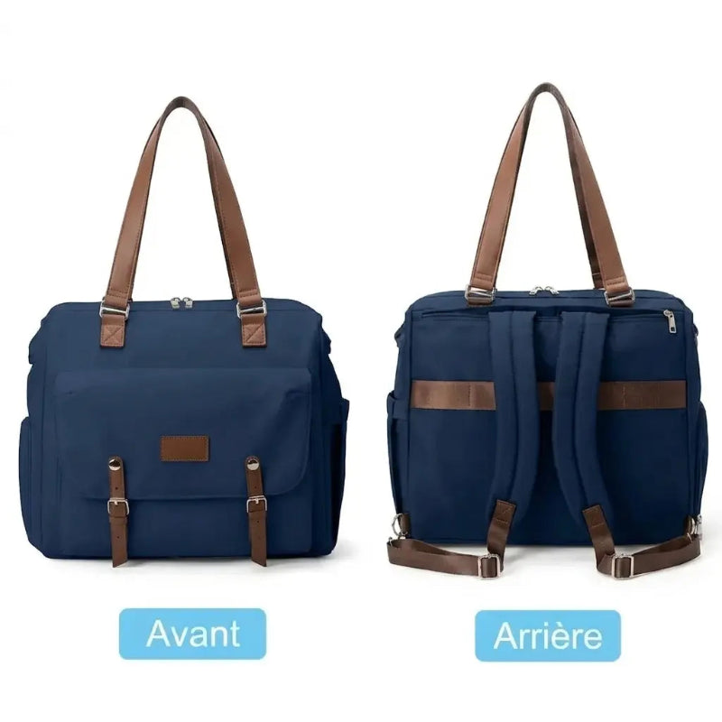 Vues du sac à dos à langer bleu